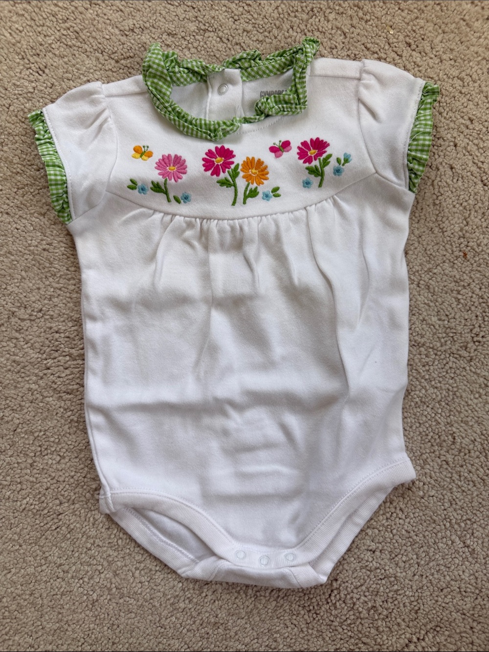 Gymboree White Bodysuit with Pink, Orange, Yellow & Green Floral Embroidery